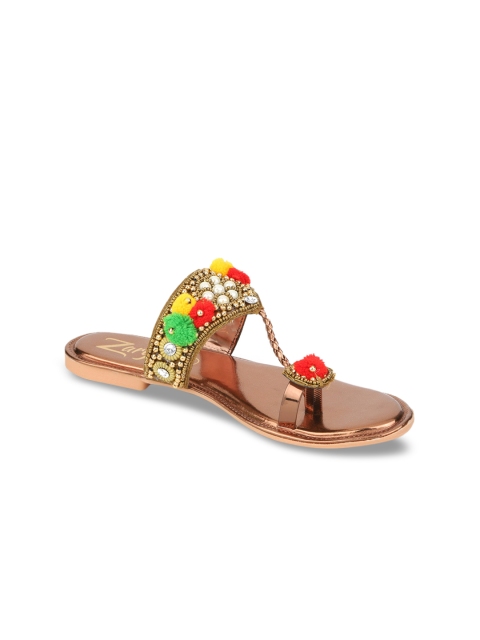 

WALK N STYLE COLLECTION Women Copper-Toned Embellished Leather Ethnic Open Toe Flats
