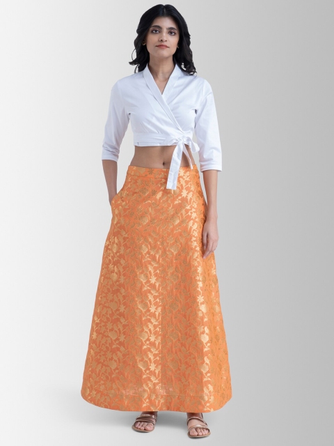 

Marigold by FableStreet Women Orange & White Crop Top With Brocade Skirt