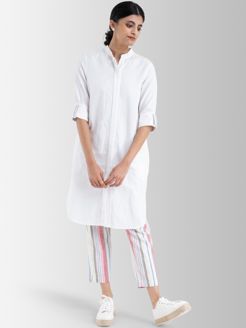 

Marigold by FableStreet Women White Striped Thread Work Kurta