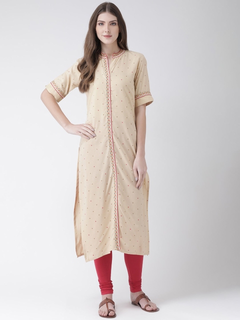 

Span Women Beige & Pink Floral Printed Thread Work Cotton Kurta