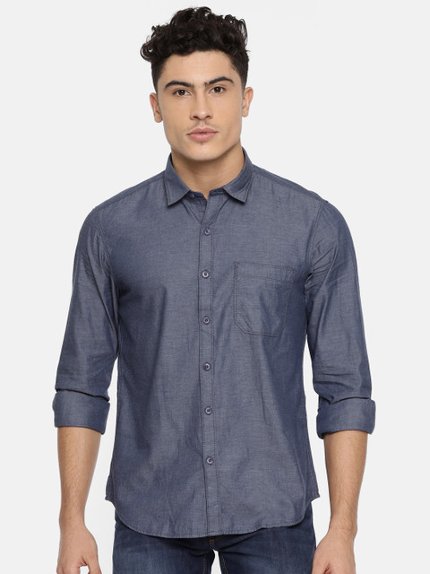 

John Players Men Blue Solid Trim Fit Chambray Casual Shirt
