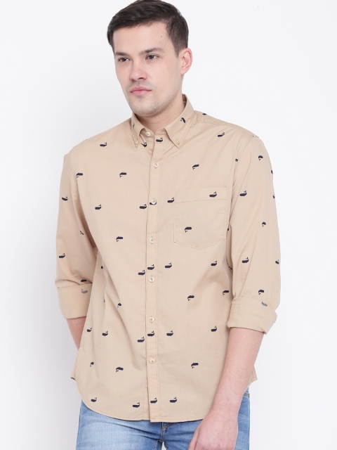 

John Players Men Beige & Navy Blue Regular Fit Printed Casual Shirt