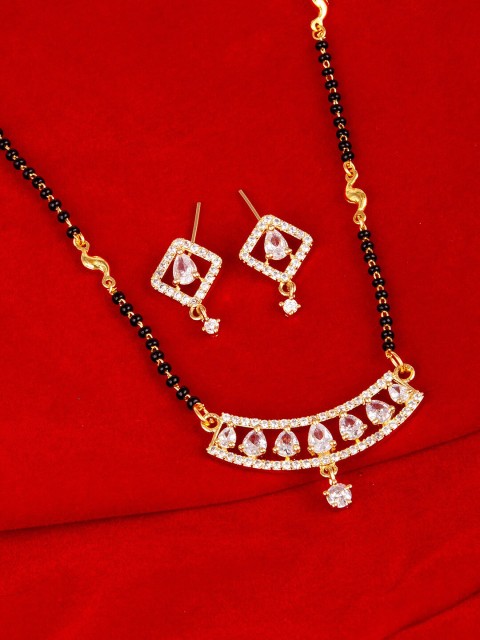 

Studio Voylla Black Gold-Plated AD CZ Traditional Beaded Mangalsutra with Earrings