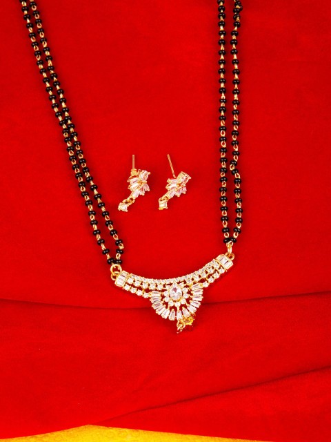 

Studio Voylla Gold-Plated & Black American Diamond CZ Brass Beaded Mangalsutra & Earrings