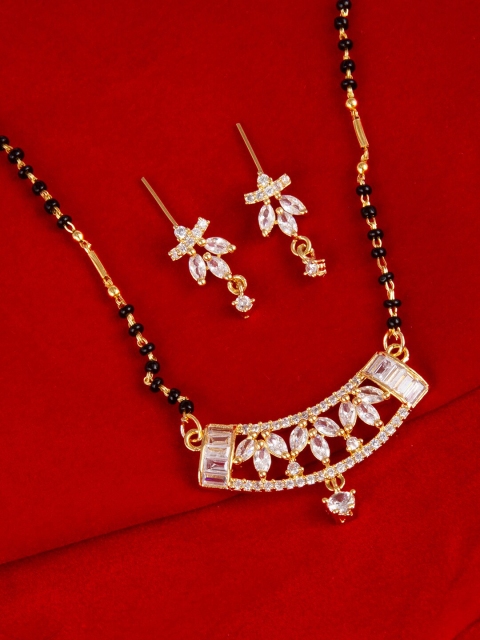 

Studio Voylla Gold-Plated & Black American Diamond CZ Brass Beaded Mangalsutra & Earrings