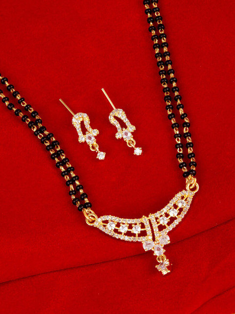 

Studio Voylla White & Black Gold-Plated AD CZ Traditional Beaded Mangalsutra With Earrings