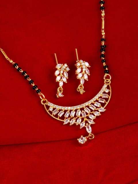 

Studio Voylla Gold-Plated & Black American Diamond CZ Beaded Mangalsutra with Earrings