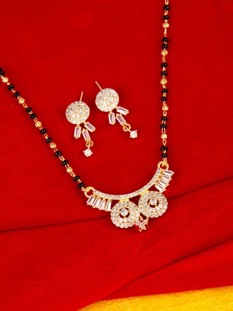 

Studio Voylla Black Gold-Plated AD CZ Traditional Beaded Mangalsutra with Earrings