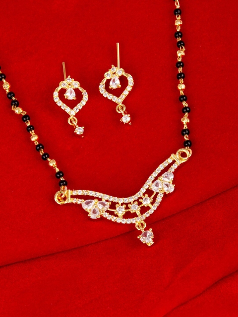 

Studio Voylla Gold-Plated & Black American Diamond CZ Beaded Mangalsutra with Earrings