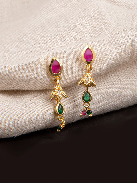 

Studio Voylla Pink & Green Gold-Plated American Diamond CZ Traditional Drop Earrings