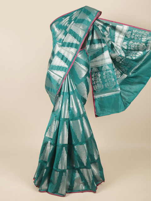 

Pothys Green & Silver-Coloured Geometric Woven Design Zari Saree