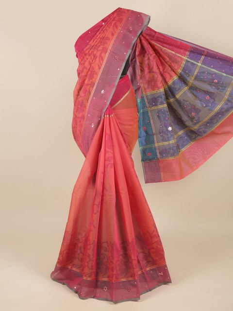 

Pothys Pink & Blue Floral Mirror Work Saree