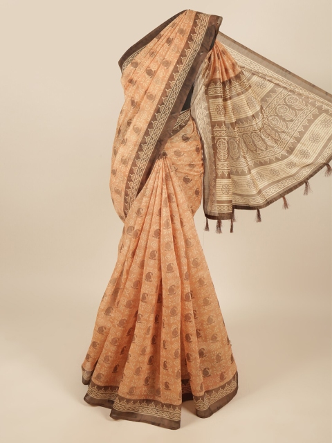

Pothys Peach-Coloured & Brown Floral Saree