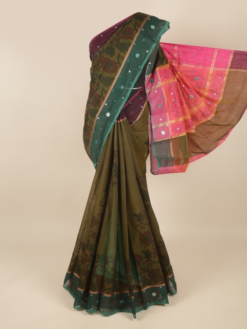 

Pothys Green & Teal Floral Mirror Work Saree