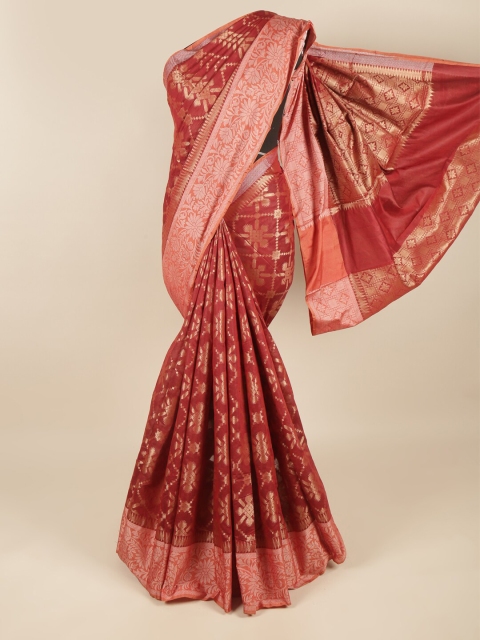 

Pothys Red & Gold-Toned Ethnic Motifs Woven Design Cotton Blend Saree