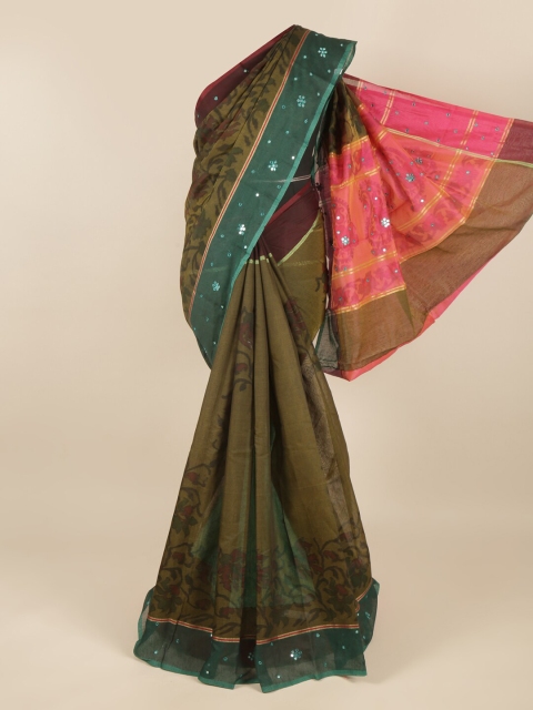 

Pothys Green & Pink Floral Mirror Work Saree