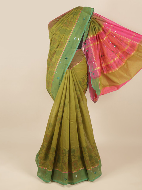 

Pothys Green & Pink Paisley Mirror Work Saree