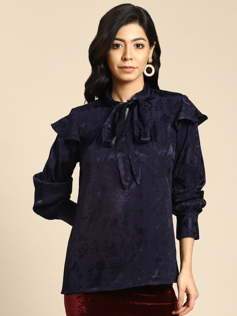 

COVER STORY Navy Blue Floral Tie-Up Neck Top