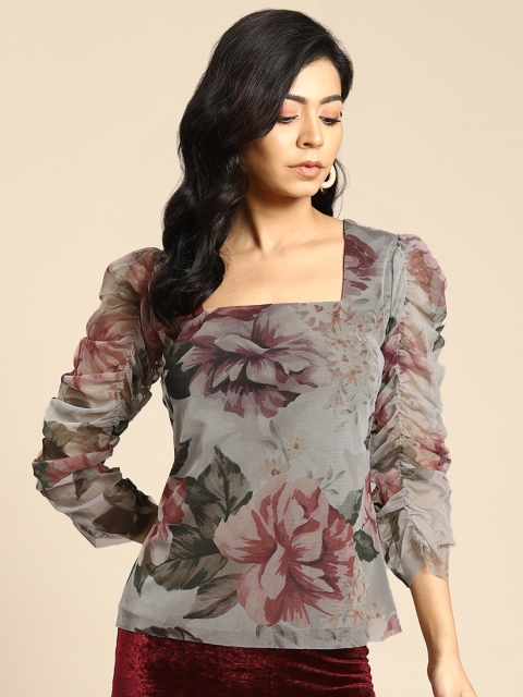 

COVER STORY Green & Maroon Floral Print Top
