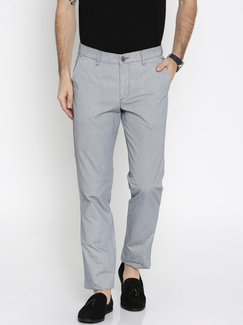 

John Players Men Navy & White Slim Fit Flat-Front Trousers, Navy blue