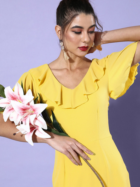

DODO & MOA Women Yellow Solid Ruffled Dress