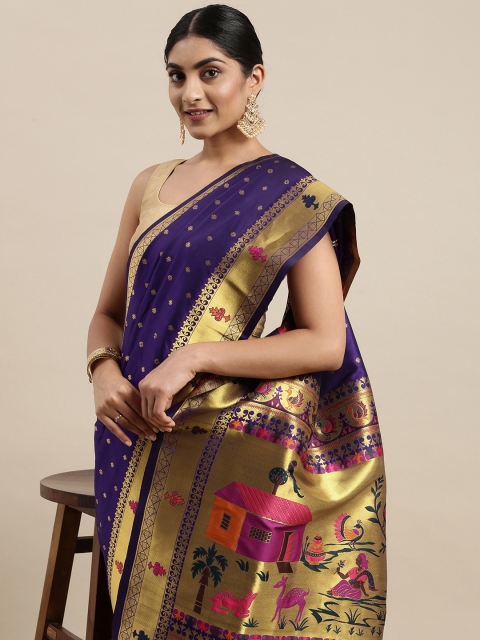 

Mitera Purple & Golden Ethnic Woven Design Zari Paithani Silk Saree