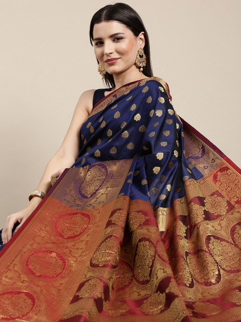 

Mitera Navy Blue & Golden Ethnic Motifs Banarasi Saree with Zari Border