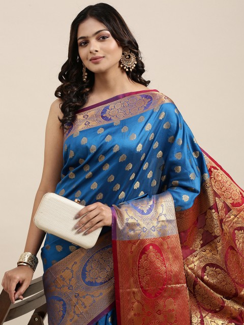 

Mitera Blue & Golden Ethnic Motifs Banarasi Saree with Zari Border