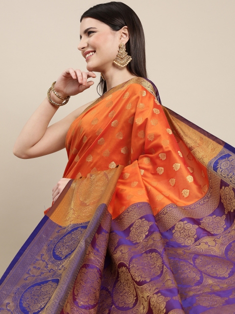 

Mitera Orange & Golden Ethnic Motifs Banarasi Saree with Zari Border