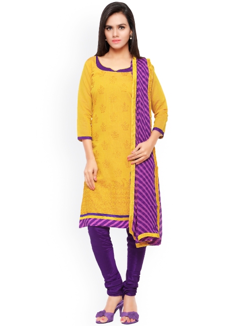 

Touch Trends Yellow & Purple Embroidered Chanderi Silk Untitched Dress Material