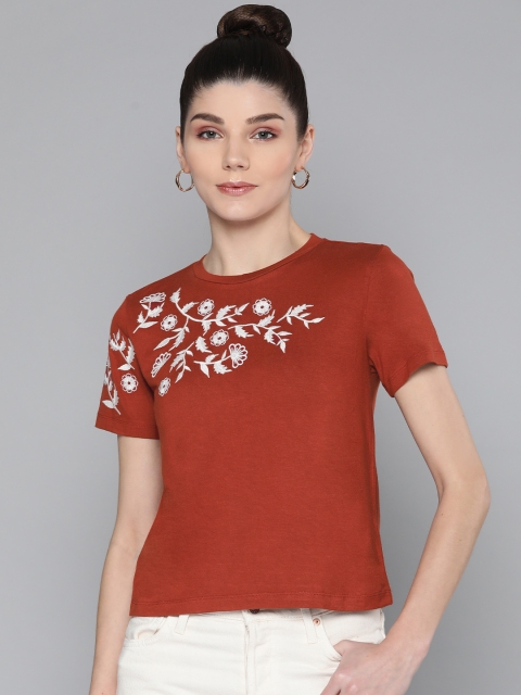 

VividArtsy Rust Red Floral Embroidered Crop Top