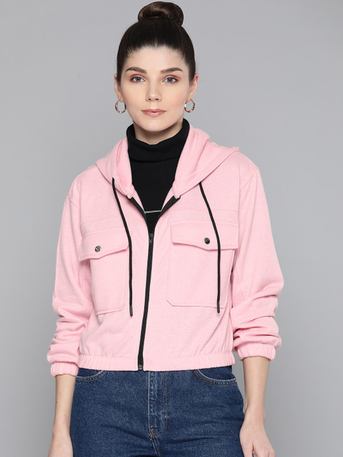 

VividArtsy Women Pink Cotton Hooded Crop Sweatshirt