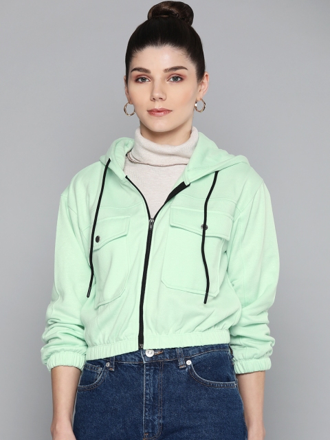 

VividArtsy Women Green Cotton Hooded Crop Sweatshirt