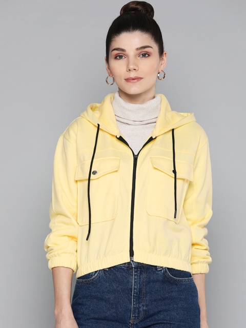 

VividArtsy Women Yellow Cotton Hooded Crop Sweatshirt