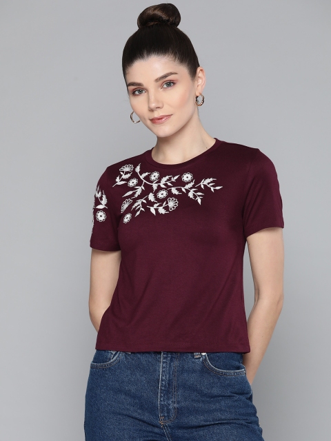

VividArtsy Maroon Floral Embroidered Crop Top