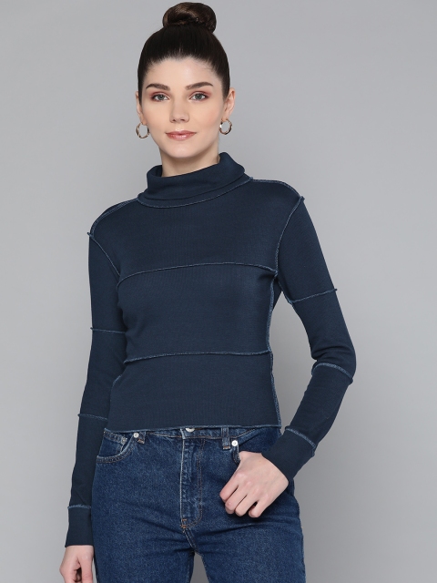 

VividArtsy Navy Blue Cotton Waffle High Neck Top