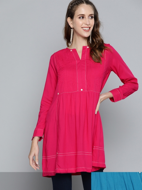 

HERE&NOW Women Pack of 2 Solid Pleated A-Line Kurti, Blue