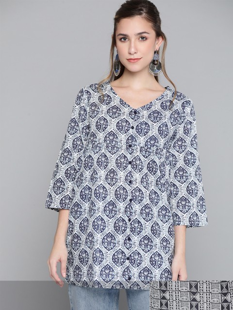 

HERE&NOW Women Pack of 2 Printed Pure Cotton Kurti, Navy blue