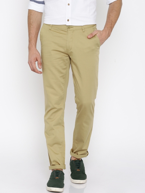 

John Players Men Khaki Solid Slim Fit Flat-Front Trousers