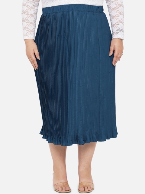 

Indietoga Women Blue Solid Accordion Pleated A-Line Plus Size Midi Skirt