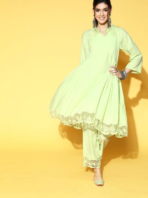 

InWeave Women Lime Green Embroidered Pure Cotton Kurta with Trousers