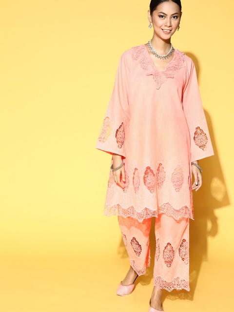 

InWeave Ethnic Motifs Pure Cotton Lacework and Sheer Kurta Set, Pink