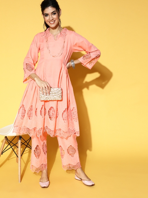 

InWeave Women Peach-Coloured Embroidered Pure Cotton Kurta with Trousers
