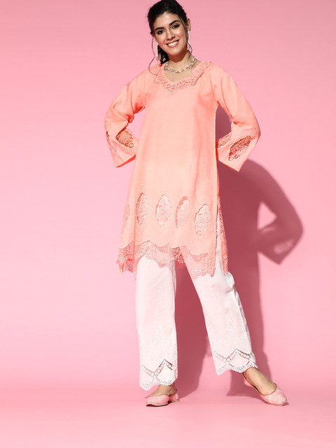 

InWeave Women Peach-Coloured Embroidered Pure Cotton Kurta with Trousers