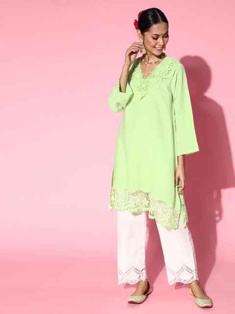 

InWeave Women Green & Off-White Pure Cotton Kurta with Trousers