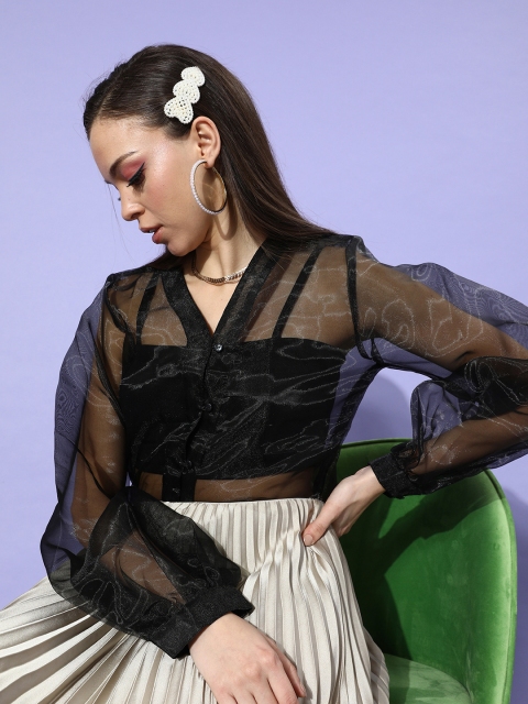 

STALK Women Stylish Black Solid Sheer Top