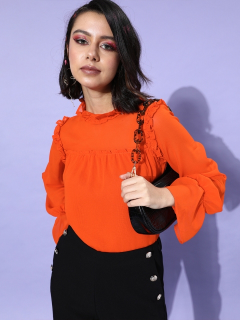 

STALK Women Bright Orange Solid Ruffled Top