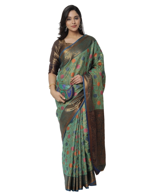 

PERFECTBLUE Green & Blue Floral Zari Silk Blend Kanjeevaram Saree