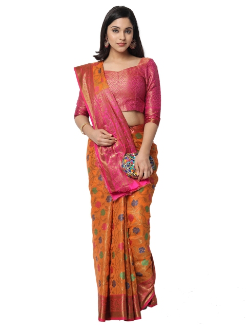 

PERFECTBLUE Orange & Pink Floral Silk Blend Kanjeevaram Saree