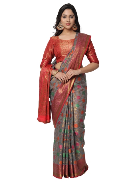 

PERFECTBLUE Grey & Red Woven Design Zari Silk Blend Saree